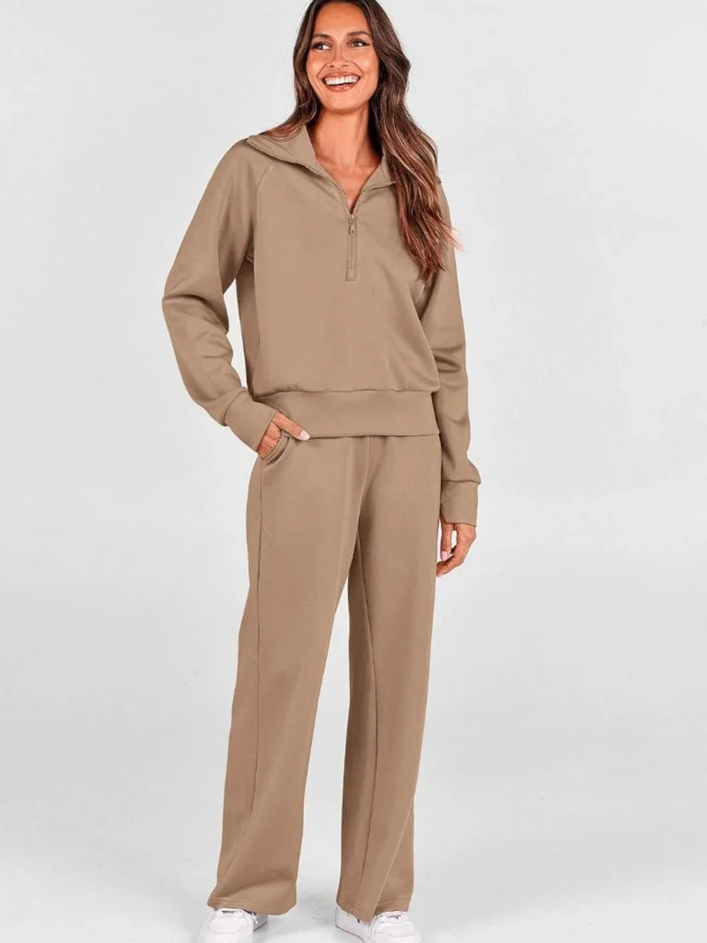 PRETTYGARDEN 2 Piece Lounge Set Sweatsuit Khaki L